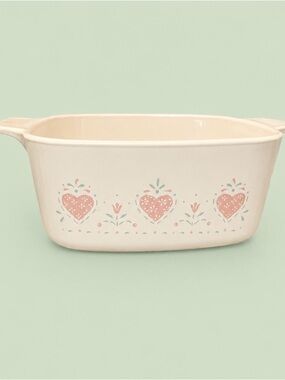 Corningware Vintage Cream Casserole Dish with Pink Heart Floral Motif